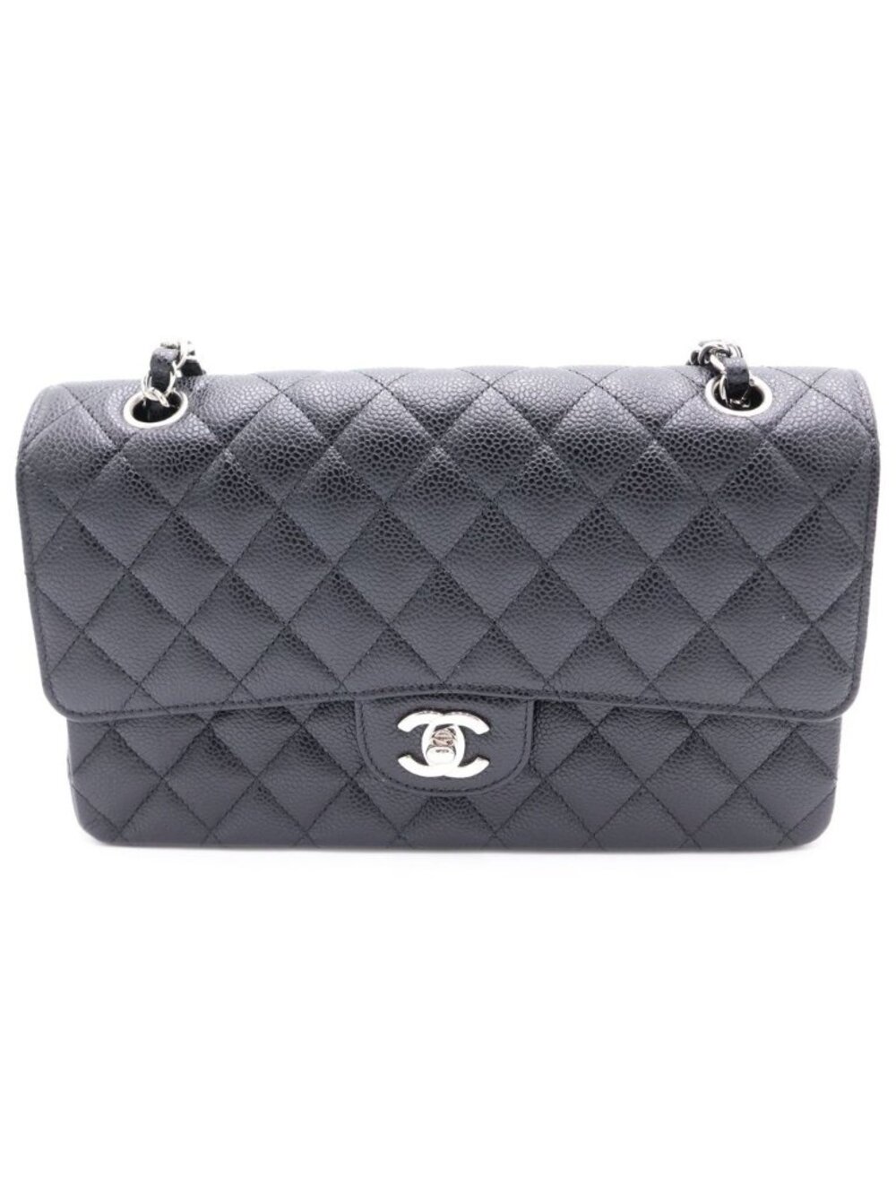 Chanel Quilted 25 Double Flap Chain Shoulder Bag Black Caviar Leather Silver